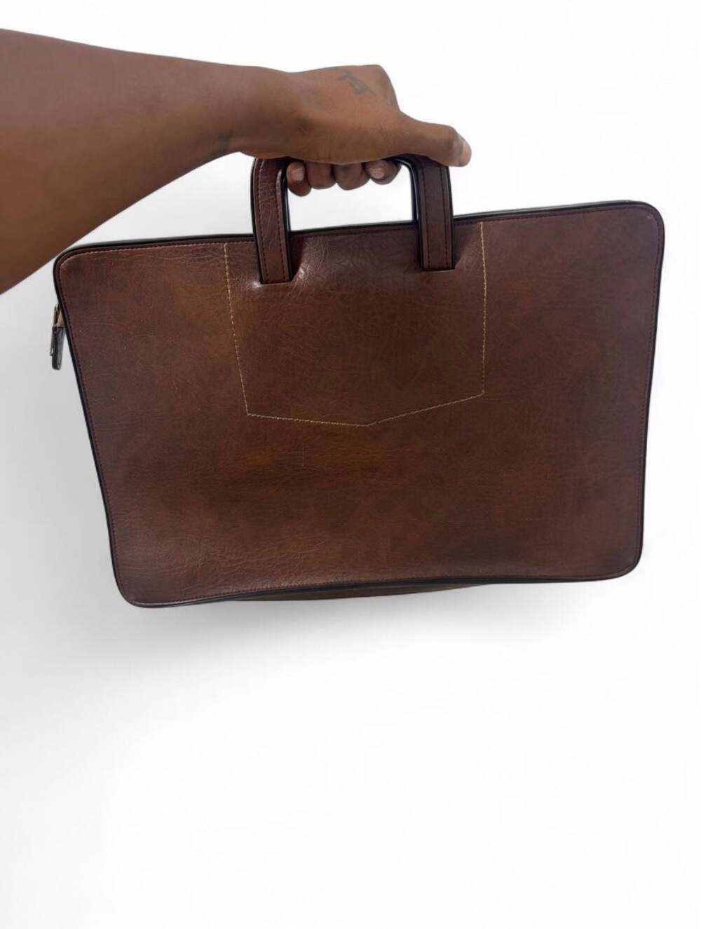 Vintage Brown Faux Leather Laptop Briefcase Bag with Top Handle and Zipper Closu